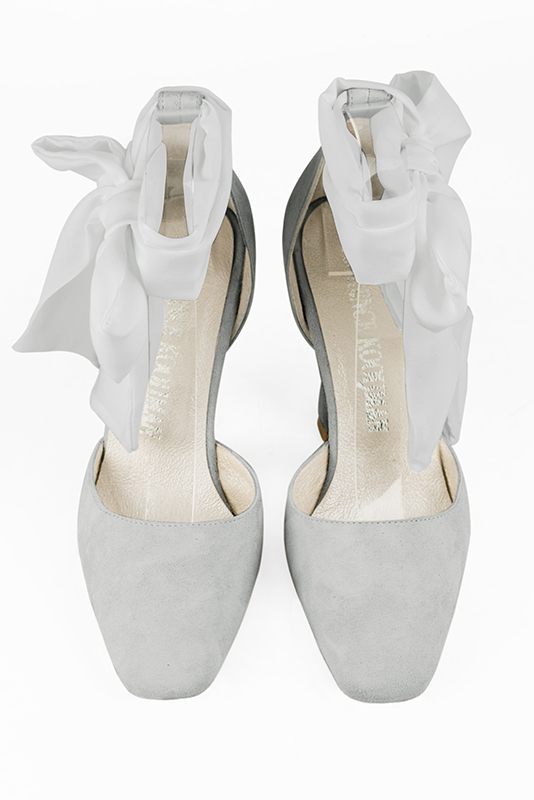 Pearl grey women's open side shoes, with a scarf around the ankle. Square toe. Very high spool heels. Top view - Florence KOOIJMAN